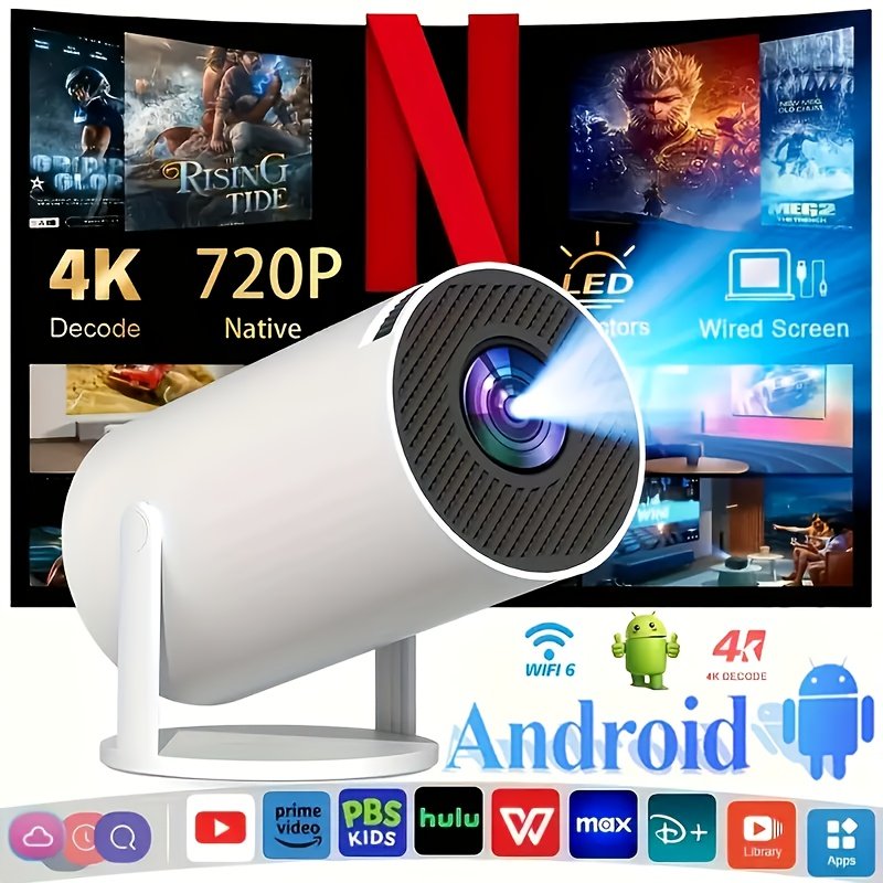 Projecteur Android 11 OS avec WiFi double bande, décodage 720P/4K, HDTV/USB/Priorités, pour home cinéma, bureau, jeux, streaming