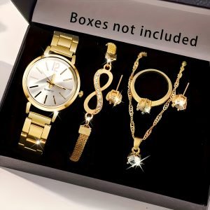 6 pièces Ensemble Élégant sans Boite pour femme  - Montre en Acier Doré, Bracelets & Colliers Accentués - Cadeau Idéal pour Femme