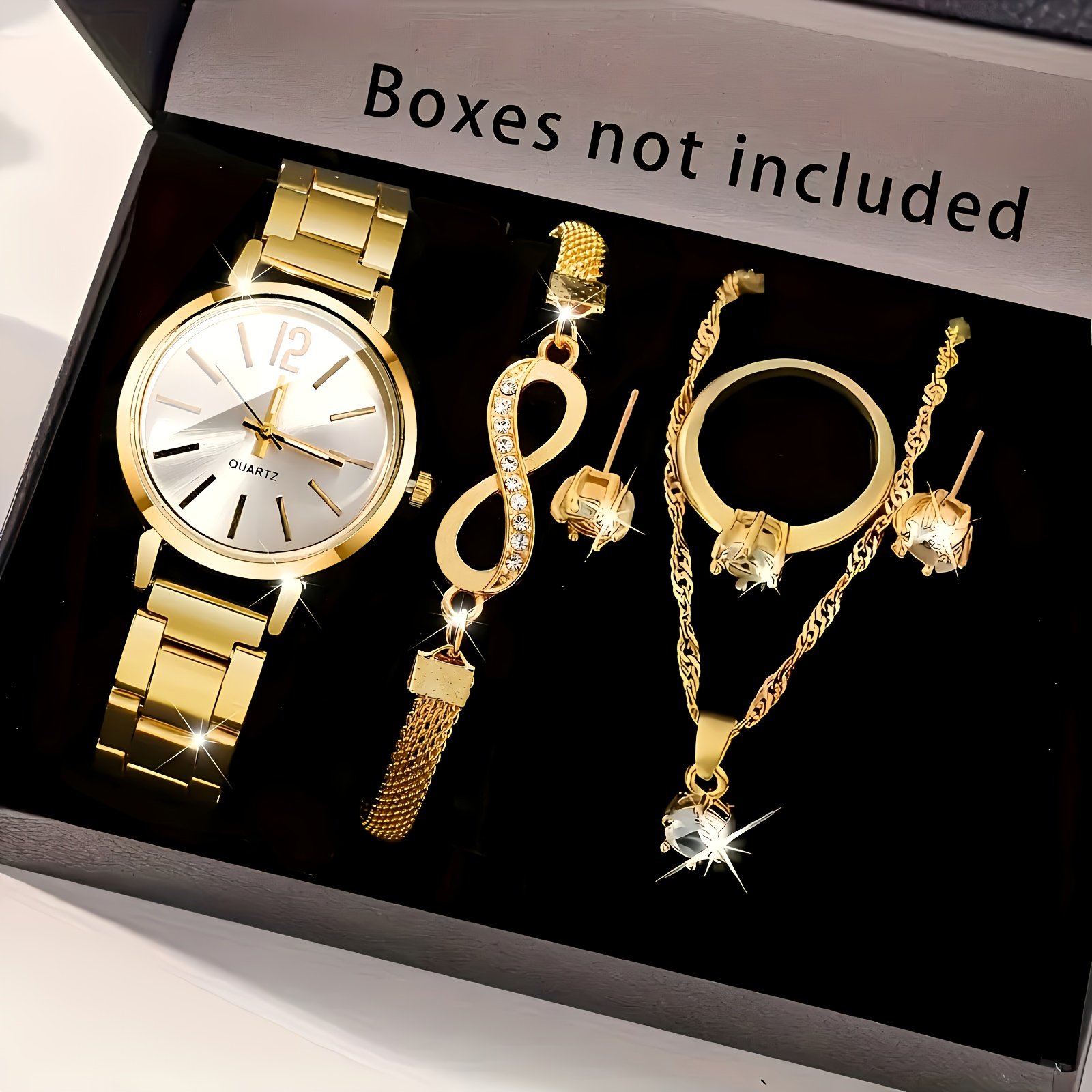 6 pièces Ensemble Élégant sans Boite pour femme - Montre en Acier Doré, Bracelets & Colliers Accentués - Cadeau Idéal pour Femme