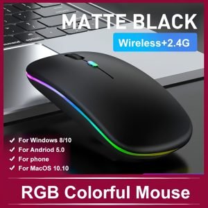 Souris sans fil Slim avec rétroéclairage LED , rechargeable par USB-C, clic silencieux et fonction clic, connectivité sans fil 2.4G+, pour ordinateurs portables/ordinateurs