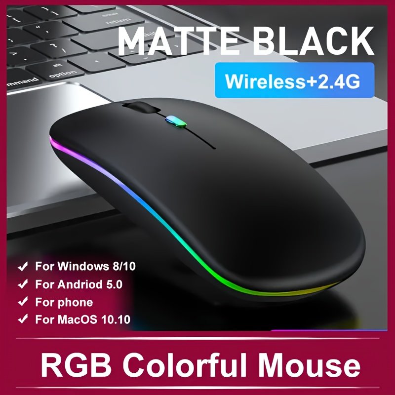 Souris sans fil Slim avec rétroéclairage LED , rechargeable par USB-C, clic silencieux et fonction clic, connectivité sans fil 2.4G+, pour ordinateurs portables/ordinateurs