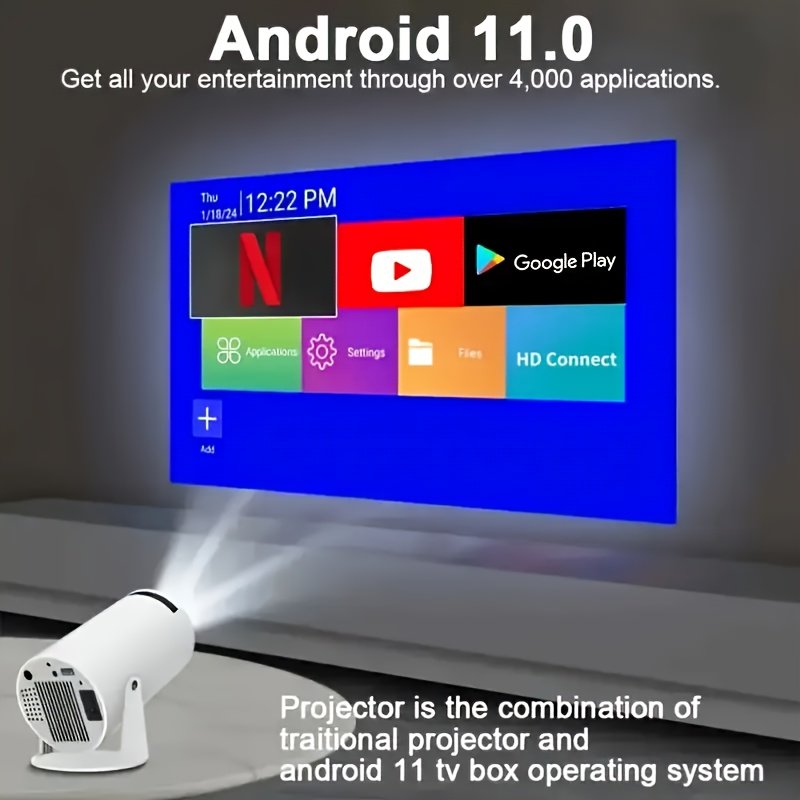 Projecteur Android 11 OS avec WiFi double bande, décodage 720P/4K, HDTV/USB/Priorités, pour home cinéma, bureau, jeux, streaming