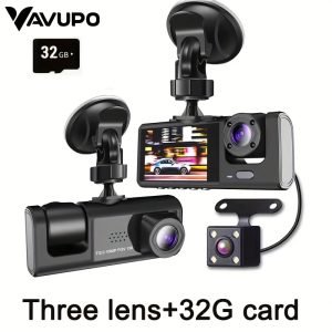 VAVUPO Caméra de Voiture Triple Objectif 1080P Avant/Arrière/Intérieur  avec carte memoire 32G , Vision Nocturne, Batterie Rechargeable 150mAh