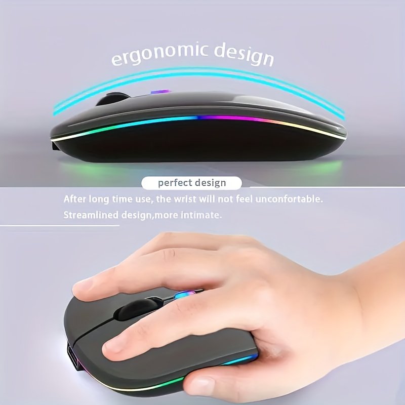 Souris sans fil Slim avec rétroéclairage LED , rechargeable par USB-C, clic silencieux et fonction clic, connectivité sans fil 2.4G+, pour ordinateurs portables/ordinateurs
