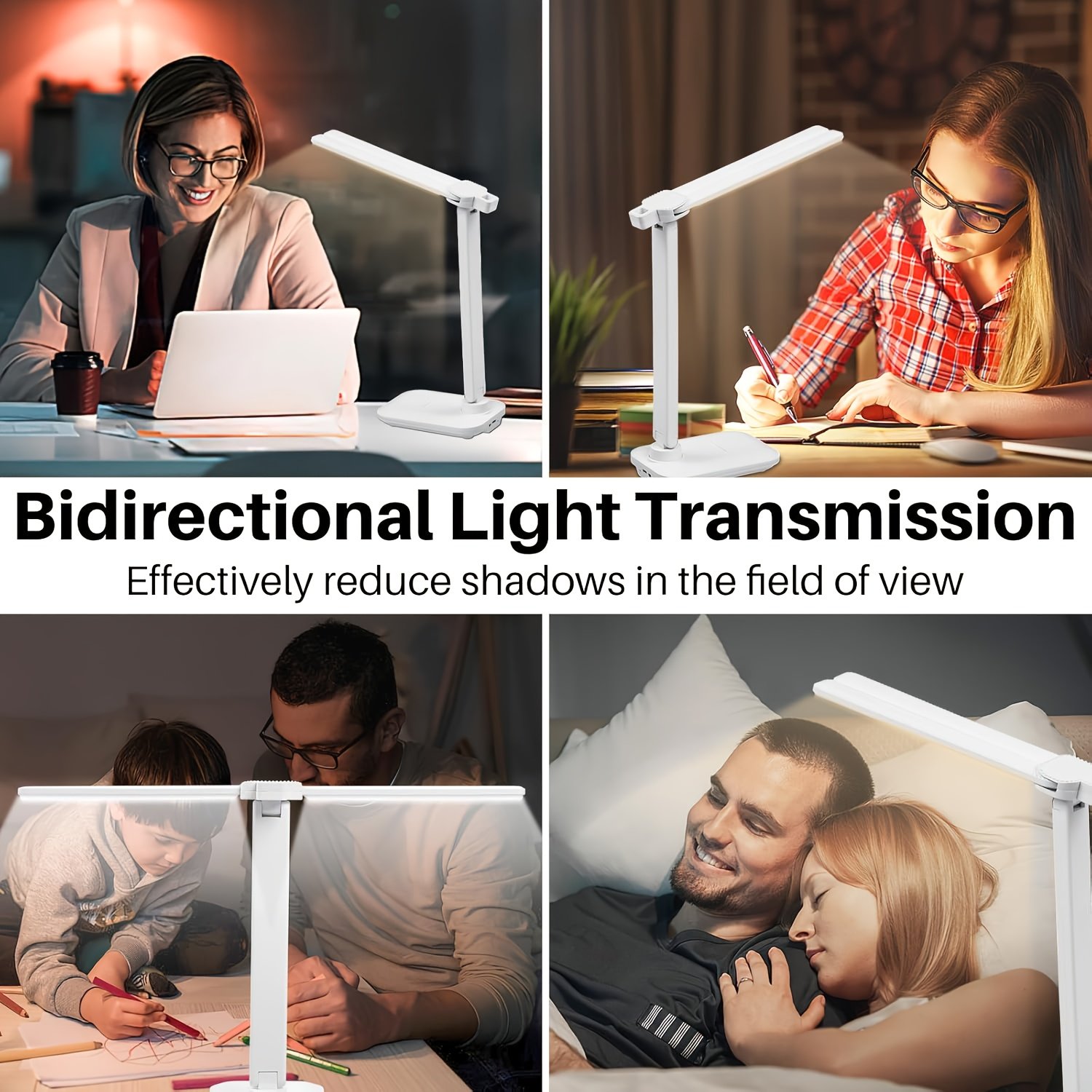 Lampe pliable intelligente à double tête LED réglable, adaptée à l'étude et au bureau, charge USB, longue autonomie, tactile