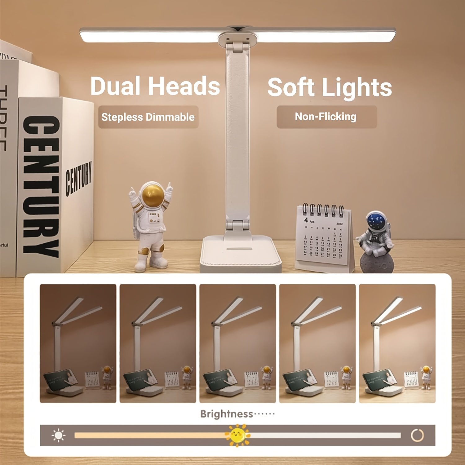 Lampe pliable intelligente à double tête LED réglable, adaptée à l'étude et au bureau, charge USB, longue autonomie, tactile