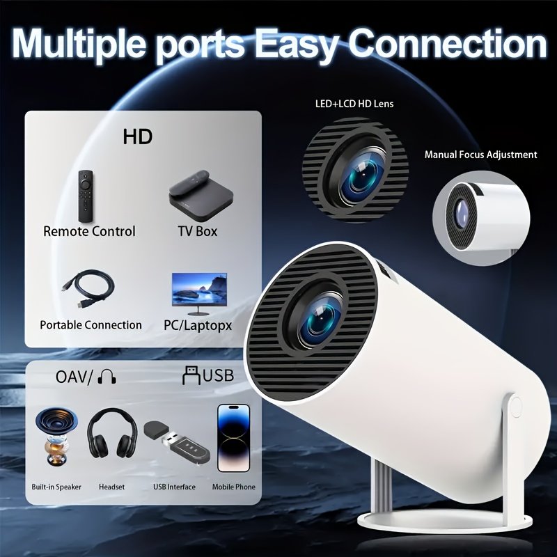 Projecteur Android 11 OS avec WiFi double bande, décodage 720P/4K, HDTV/USB/Priorités, pour home cinéma, bureau, jeux, streaming