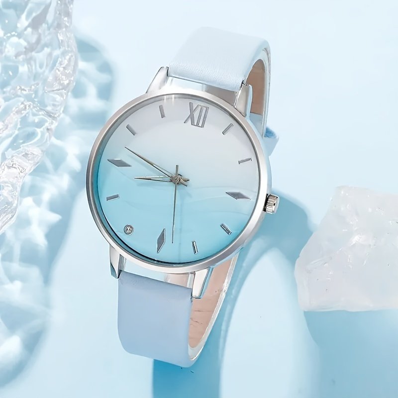 6pcs Ensemble sans Boîte , Montre à Quartz avec Strass Bleus et Bracelet en Cuir - Cadeaux pour Femmes