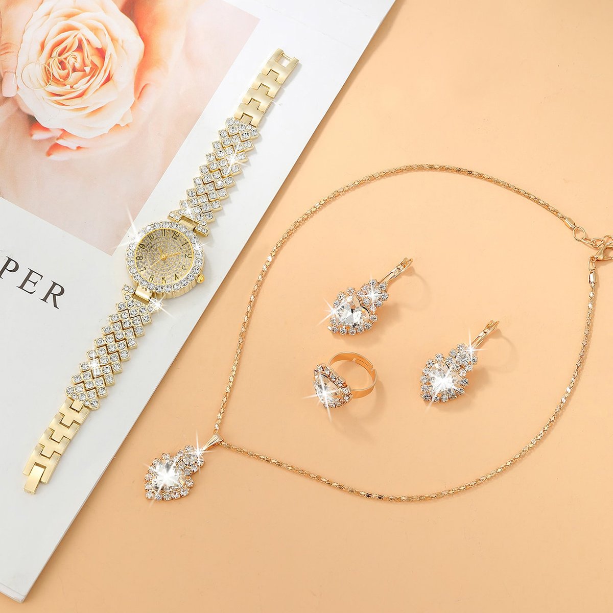Ensemble de 5 pièces sans Boîte Montre à Quartz Ronde Élégante et Nouvelle Mode + Bijoux Simples, Cadeau pour Femme