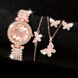 Montre pour Femme 5 pièces Sans Boîte - Ensemble Bijoux Élégant avec Pendentif Papillon, Collier, Boucles d'Oreilles et Bracelet en Quartz