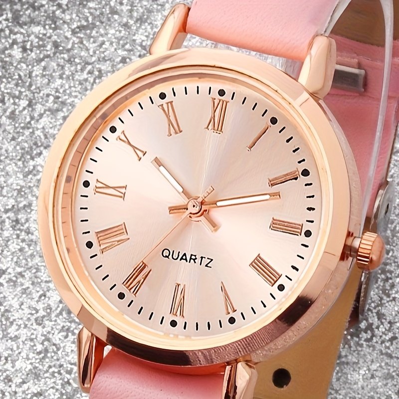 Ensemble 6 pièces sans Boîte Montre élégante pour femme, rose bijoux cœur assorti, en similicuir