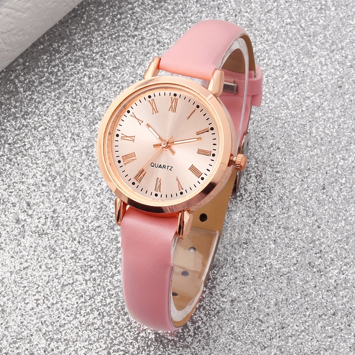 Ensemble 6 pièces sans Boîte Montre élégante pour femme, rose bijoux cœur assorti, en similicuir