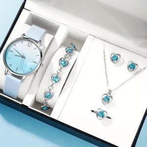 6pcs Ensemble sans Boîte , Montre à Quartz avec Strass Bleus et Bracelet en Cuir - Cadeaux pour Femmes