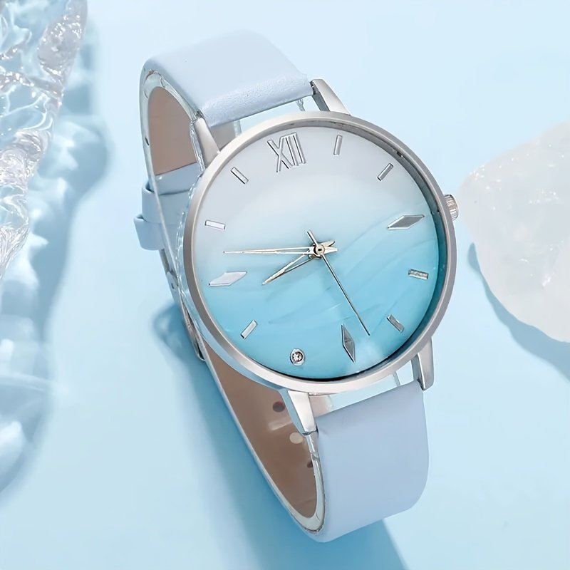 6pcs Ensemble sans Boîte , Montre à Quartz avec Strass Bleus et Bracelet en Cuir - Cadeaux pour Femmes