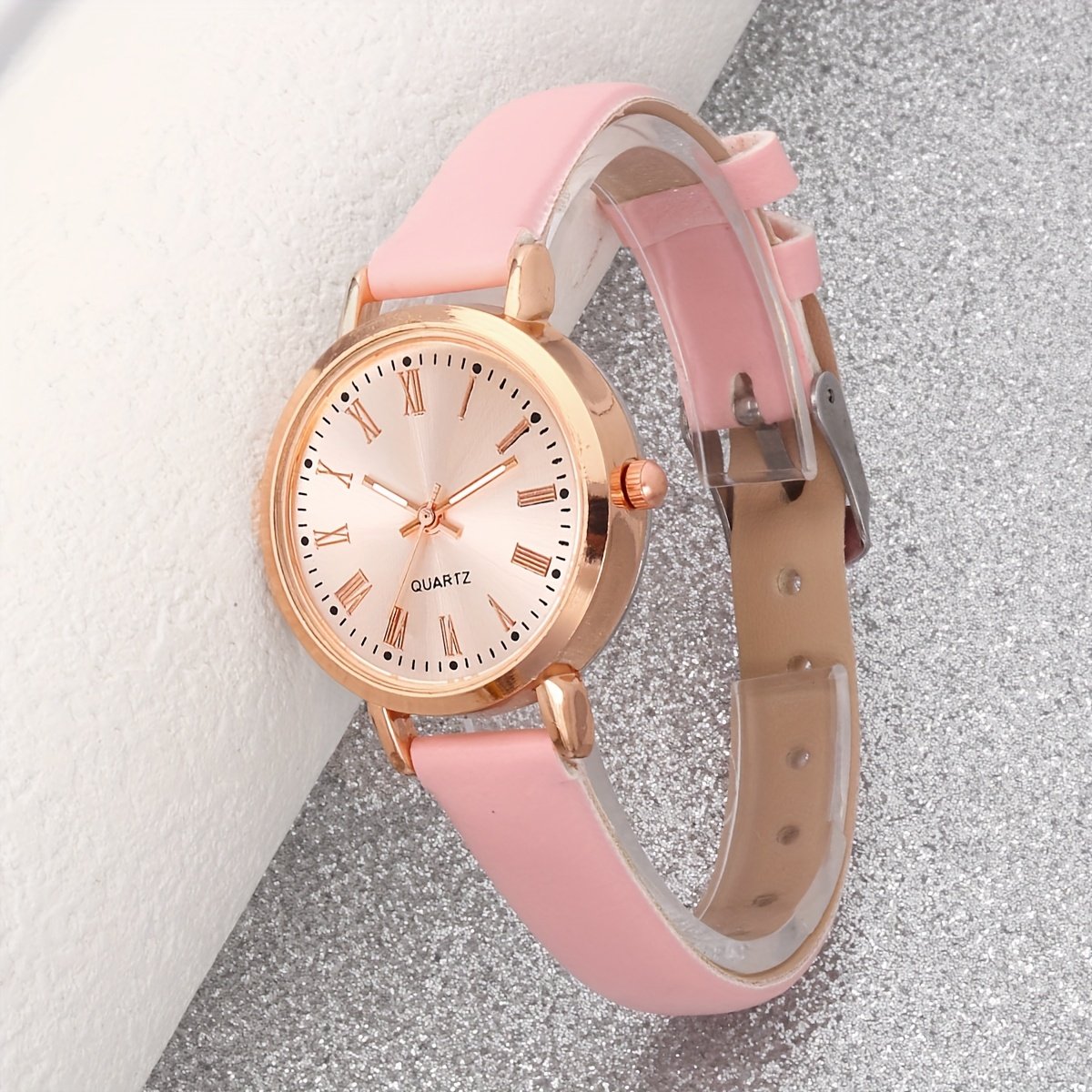 Ensemble 6 pièces sans Boîte Montre élégante pour femme, rose bijoux cœur assorti, en similicuir