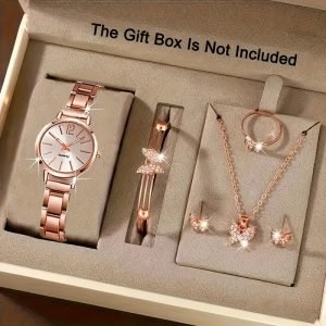 Ensemble Élégant de Montre à Quartz pour Femme sans Boîte , 6 pièces et Bijoux Papillon, Bracelet en Alliage de Zinc