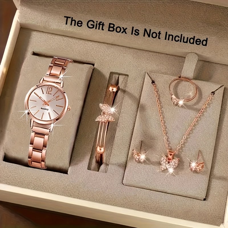 Ensemble Élégant de Montre à Quartz pour Femme sans Boîte , 6 pièces et Bijoux Papillon, Bracelet en Alliage de Zinc