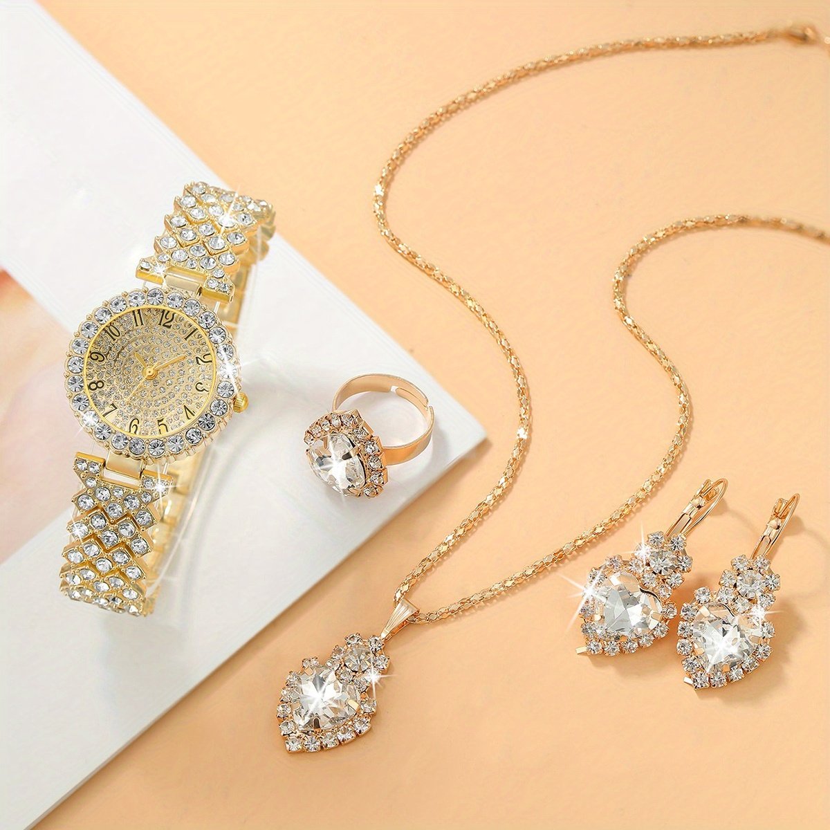 Ensemble de 5 pièces sans Boîte Montre à Quartz Ronde Élégante et Nouvelle Mode + Bijoux Simples, Cadeau pour Femme