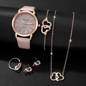 Ensemble de 6 pièces sans Boîte pour Femme Montre en Forme de Cœur avec Bracelet en Cuir et Ensemble de Bijoux - Décontractée