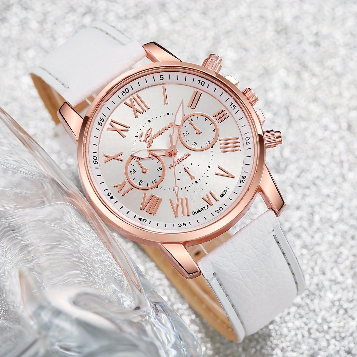 Ensemble de 6pc sans Boîte , Montre à quartz élégante pour femme avec cadran à chiffres romains , bracelet en cuir