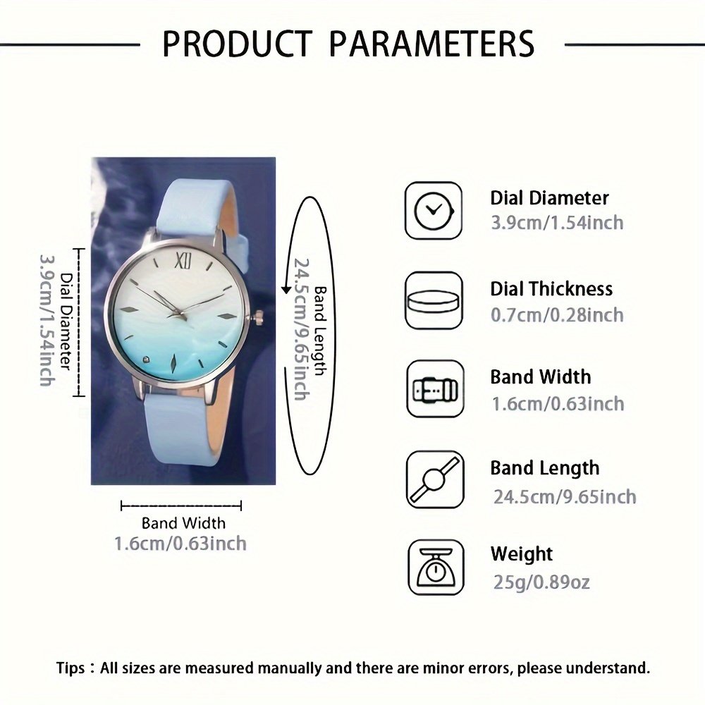 6pcs Ensemble sans Boîte , Montre à Quartz avec Strass Bleus et Bracelet en Cuir - Cadeaux pour Femmes