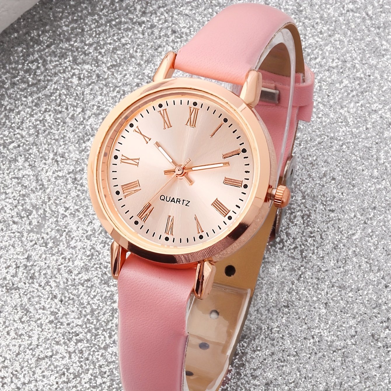 Ensemble 6 pièces sans Boîte Montre élégante pour femme, rose bijoux cœur assorti, en similicuir