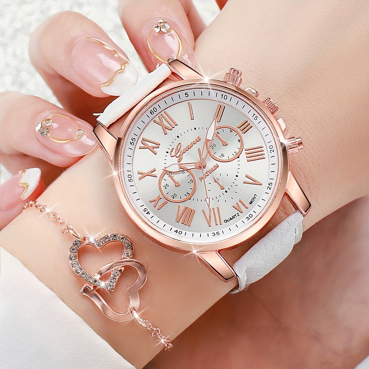 Ensemble de 6pc sans Boîte , Montre à quartz élégante pour femme avec cadran à chiffres romains , bracelet en cuir