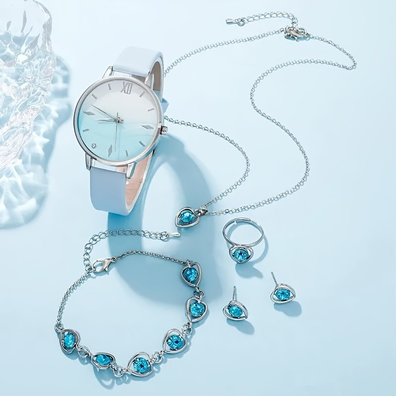 6pcs Ensemble sans Boîte , Montre à Quartz avec Strass Bleus et Bracelet en Cuir - Cadeaux pour Femmes