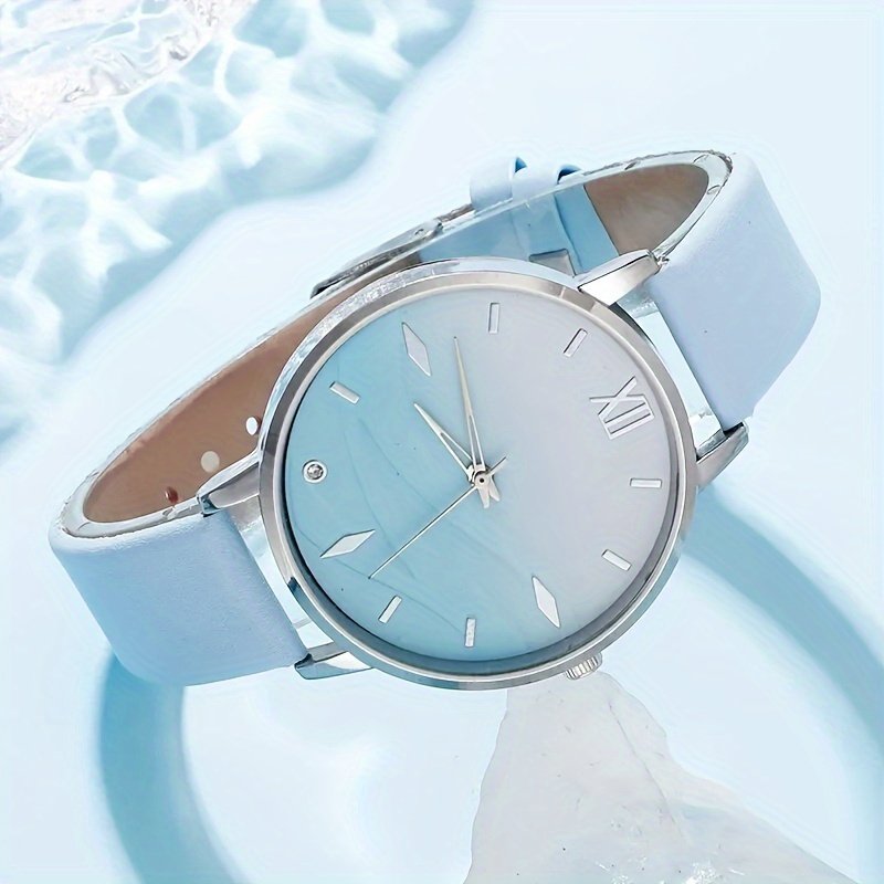6pcs Ensemble sans Boîte , Montre à Quartz avec Strass Bleus et Bracelet en Cuir - Cadeaux pour Femmes
