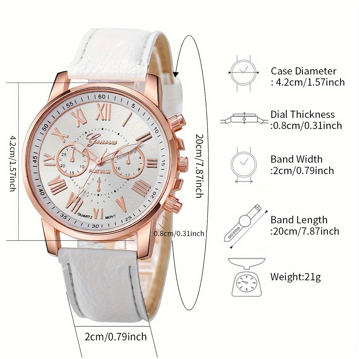 Ensemble de 6pc sans Boîte , Montre à quartz élégante pour femme avec cadran à chiffres romains , bracelet en cuir