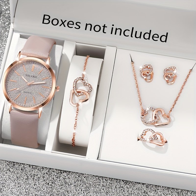 Ensemble de 6 pièces sans Boîte pour Femme Montre en Forme de Cœur avec Bracelet en Cuir et Ensemble de Bijoux - Décontractée