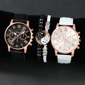 Ensemble de 4pcs sans Boîte, Montre Quartz et Bracelet pour Couple - Exquis à Offrir à l'Amour de Votre Vie
