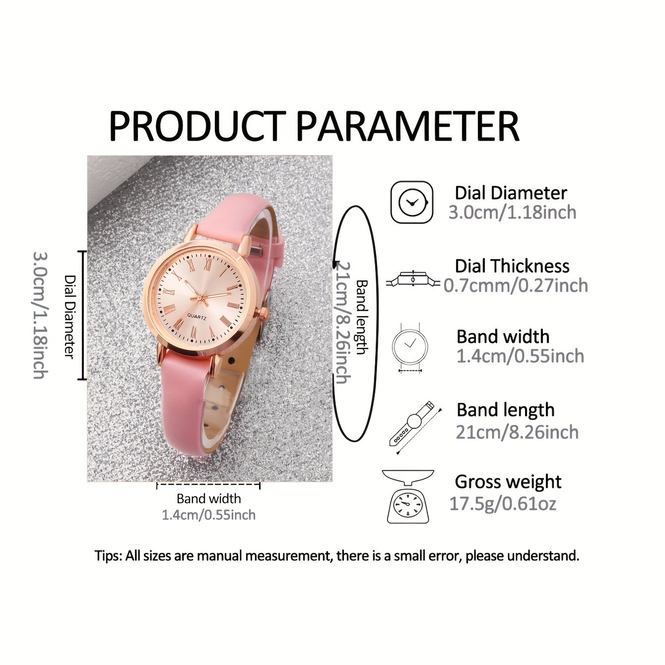 Ensemble 6 pièces sans Boîte Montre élégante pour femme, rose bijoux cœur assorti, en similicuir