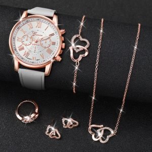 Ensemble de 6pc sans Boîte , Montre à quartz élégante pour femme avec cadran à chiffres romains , bracelet en cuir