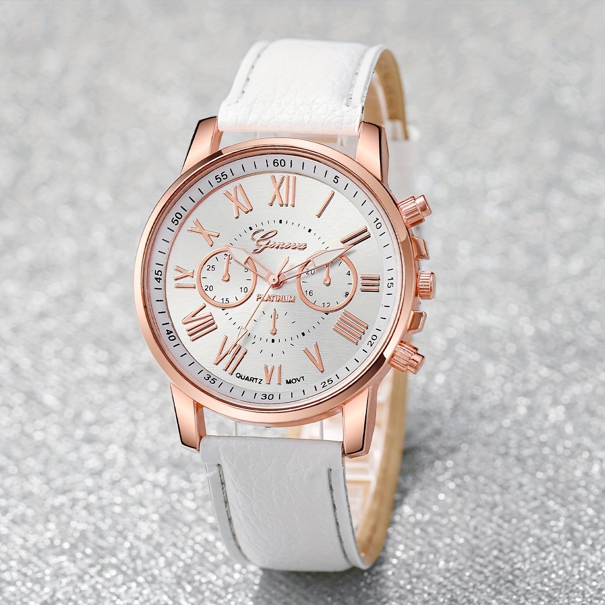 Ensemble de 6pc sans Boîte , Montre à quartz élégante pour femme avec cadran à chiffres romains , bracelet en cuir