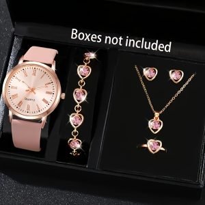 Ensemble 6 pièces sans Boîte Montre élégante pour femme, rose  bijoux cœur assorti, en similicuir