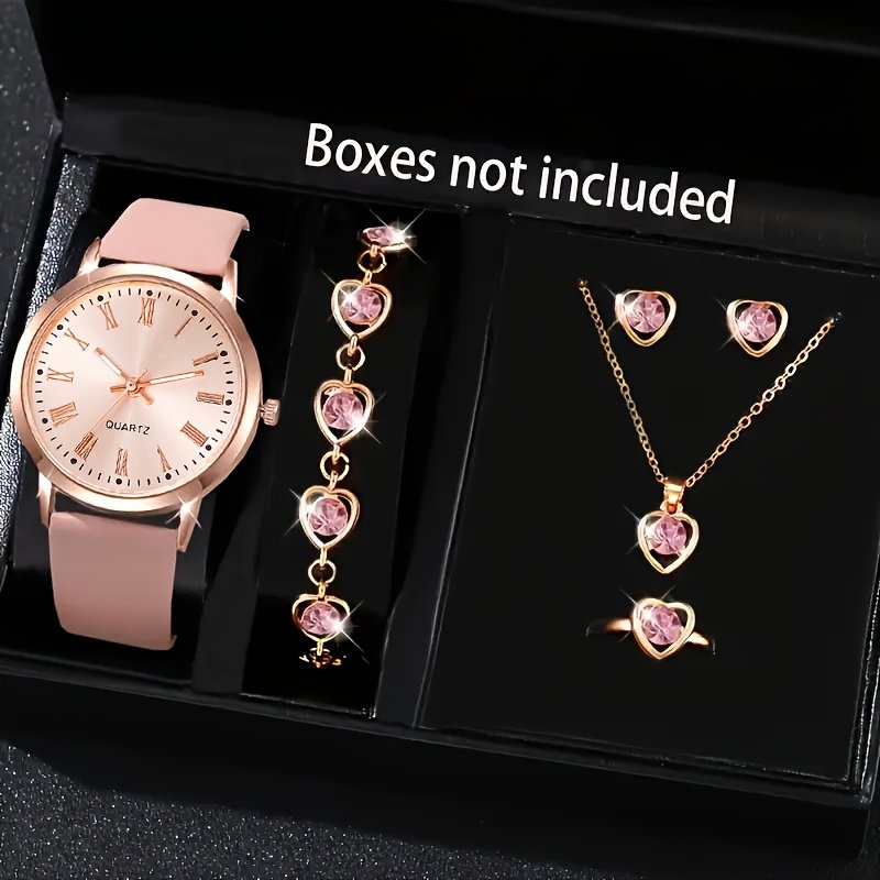 Ensemble 6 pièces sans Boîte Montre élégante pour femme, rose bijoux cœur assorti, en similicuir
