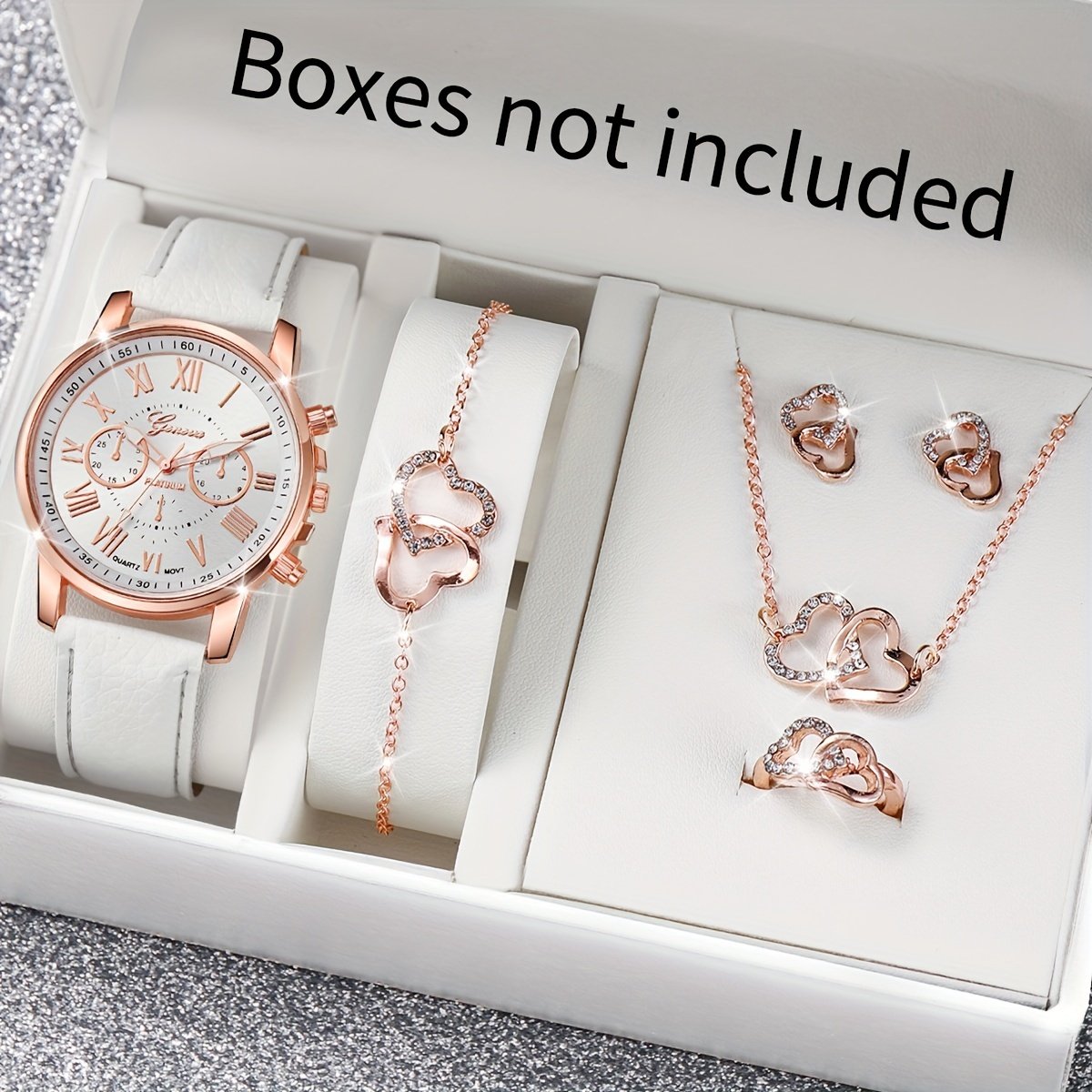 Ensemble de 6pc sans Boîte , Montre à quartz élégante pour femme avec cadran à chiffres romains , bracelet en cuir