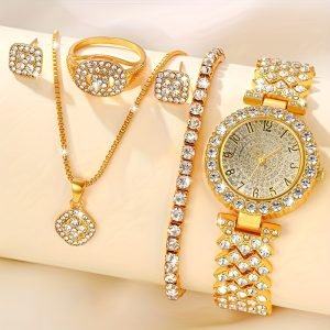 6 pièces Montre sans Boite pour femme , Ensemble Bijoux Quartz  avec Collier, Bracelet, Bague et Boucles d'Oreilles