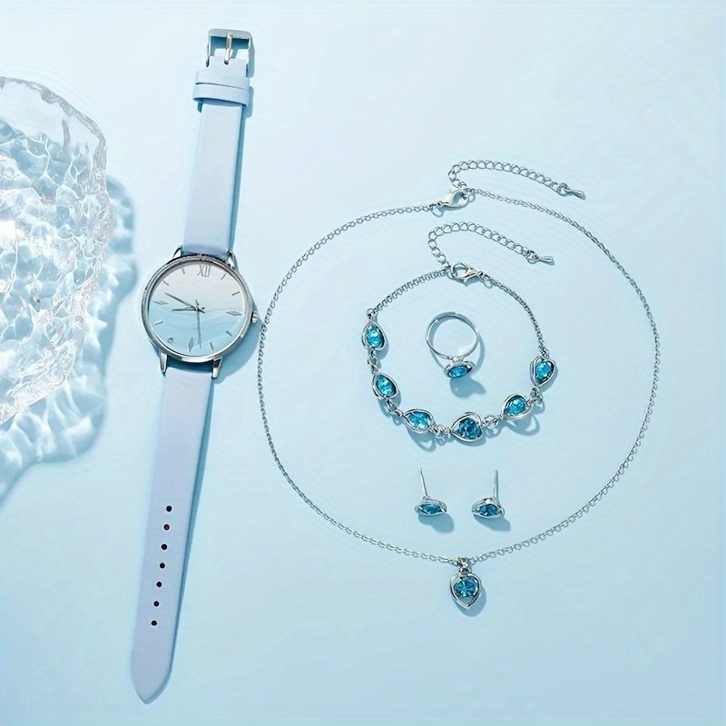 6pcs Ensemble sans Boîte , Montre à Quartz avec Strass Bleus et Bracelet en Cuir - Cadeaux pour Femmes