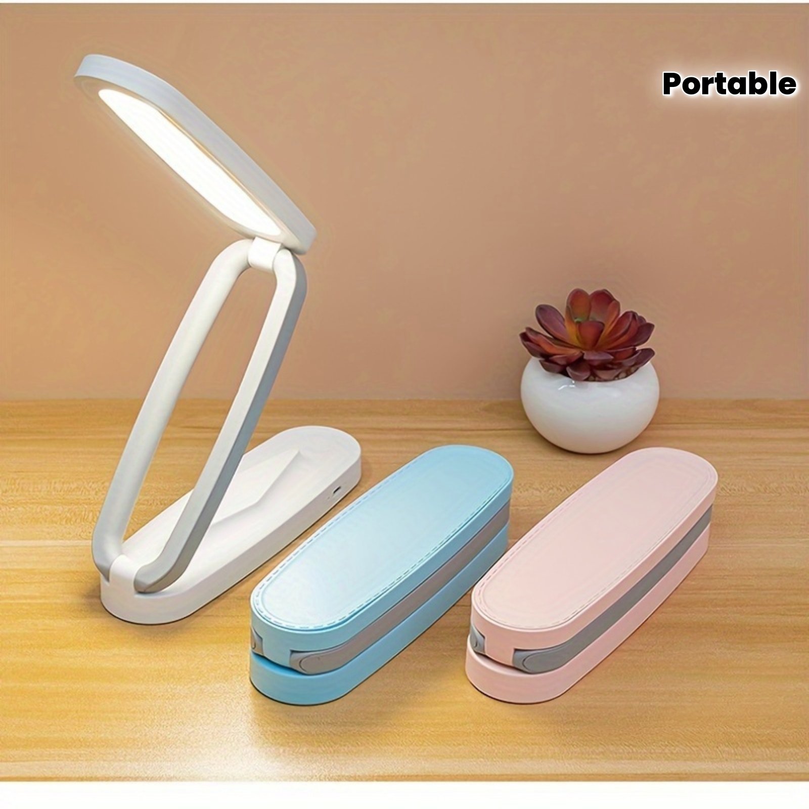 Lampe de bureau LED pliable trois fois, petite lampe de lecture avec trois couleurs de luminosité, rechargeable et réglable