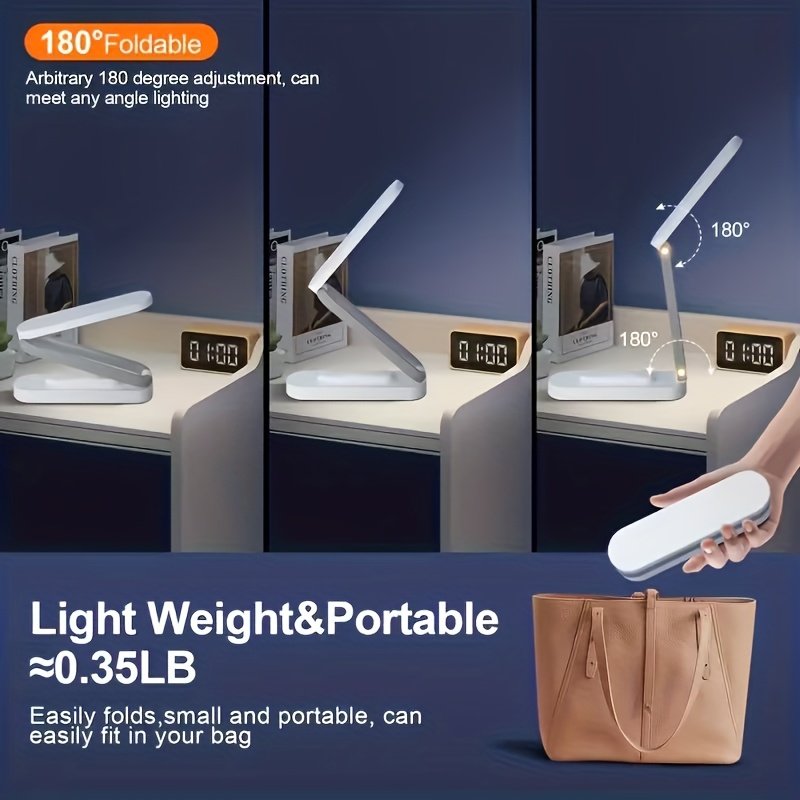 Lampe de bureau LED pliable trois fois, petite lampe de lecture avec trois couleurs de luminosité, rechargeable et réglable
