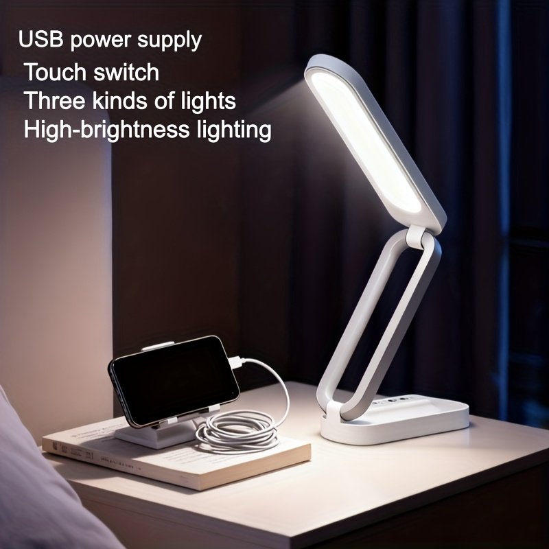 Lampe de bureau LED pliable trois fois, petite lampe de lecture avec trois couleurs de luminosité, rechargeable et réglable