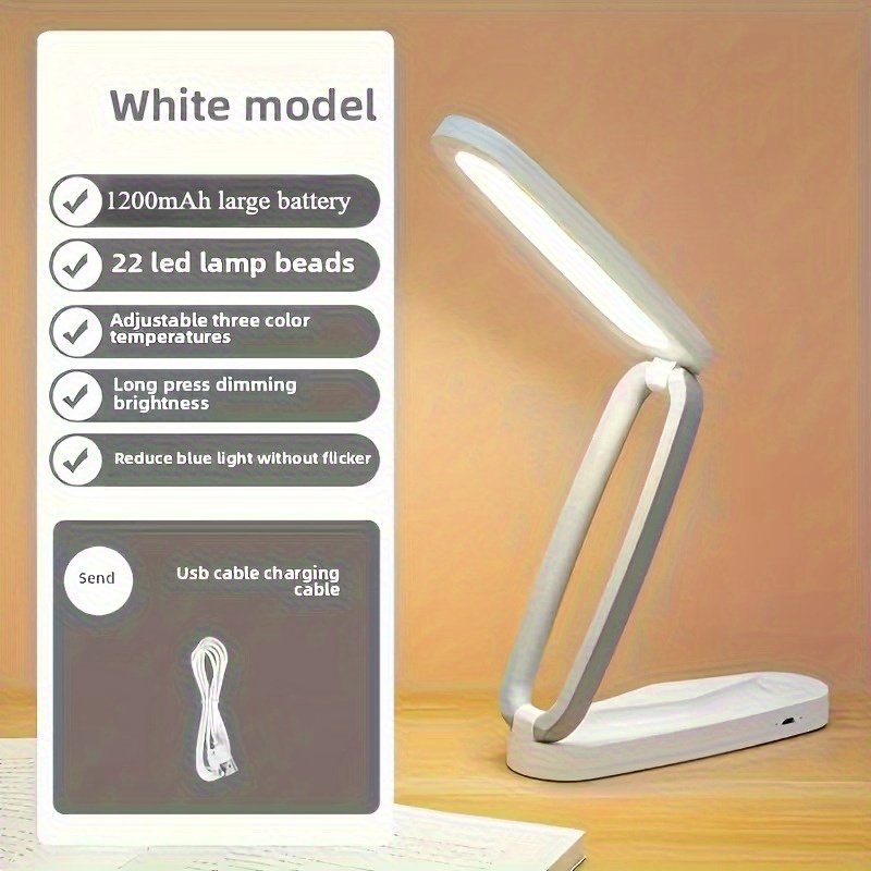 Lampe de bureau LED pliable trois fois, petite lampe de lecture avec trois couleurs de luminosité, rechargeable et réglable