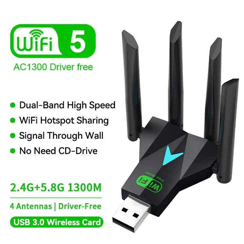 Récepteur sans fil pour PC et ordinateur portable, adaptateur USB WiFi, 1300Mbps, 2.4G, stérilisation USB 3.0, pilote gratuit