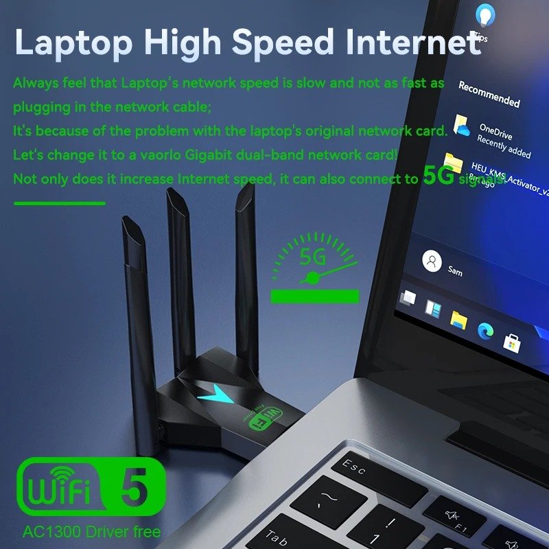Récepteur sans fil pour PC et ordinateur portable, adaptateur USB WiFi, 1300Mbps, 2.4G, stérilisation USB 3.0, pilote gratuit