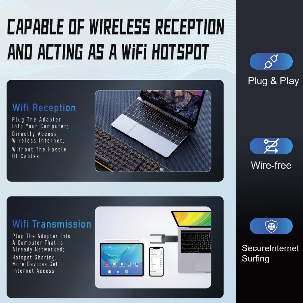 Adaptateur USB WiFi 6, 1800Mbps, 5G/2.4GHz, USB 3.0, Stérilisation sans fil, Antenne à gain élevé pour Windows ns fil, Carte réseau 11ax, Antenne à gain élevé pour Windows