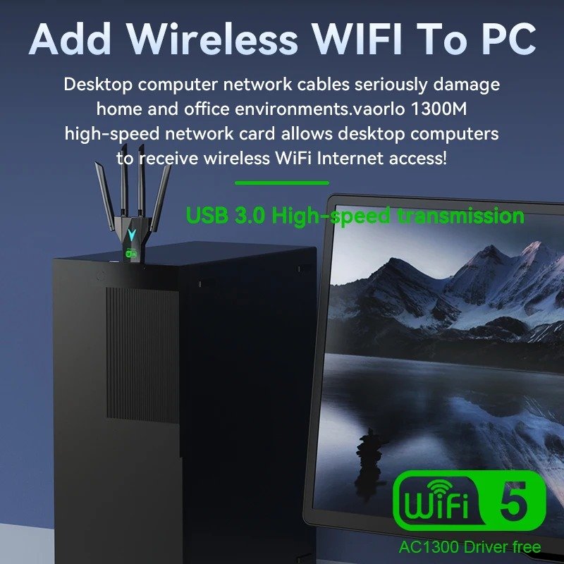 Récepteur sans fil pour PC et ordinateur portable, adaptateur USB WiFi, 1300Mbps, 2.4G, stérilisation USB 3.0, pilote gratuit