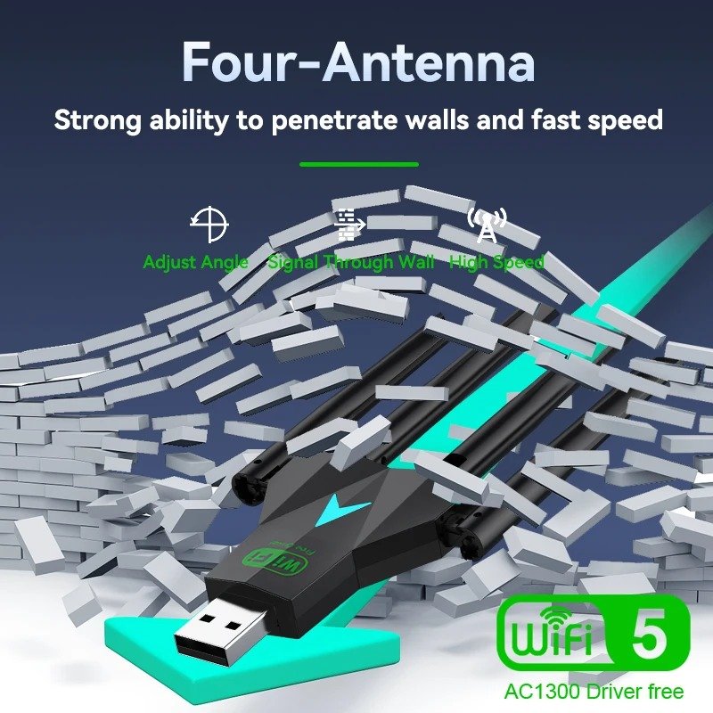 Récepteur sans fil pour PC et ordinateur portable, adaptateur USB WiFi, 1300Mbps, 2.4G, stérilisation USB 3.0, pilote gratuit