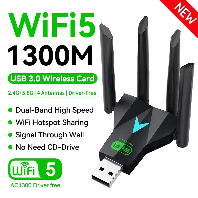 Récepteur sans fil pour PC et ordinateur portable, adaptateur USB WiFi, 1300Mbps, 2.4G, stérilisation USB 3.0, pilote gratuit